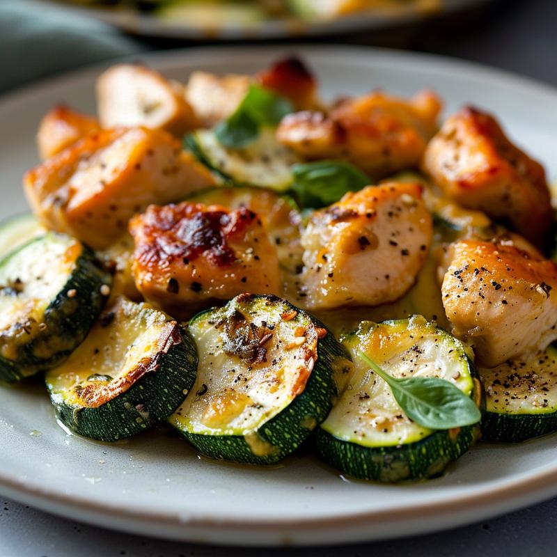 Close-up of a plated chicken zucchini bake on a simple grey plate.