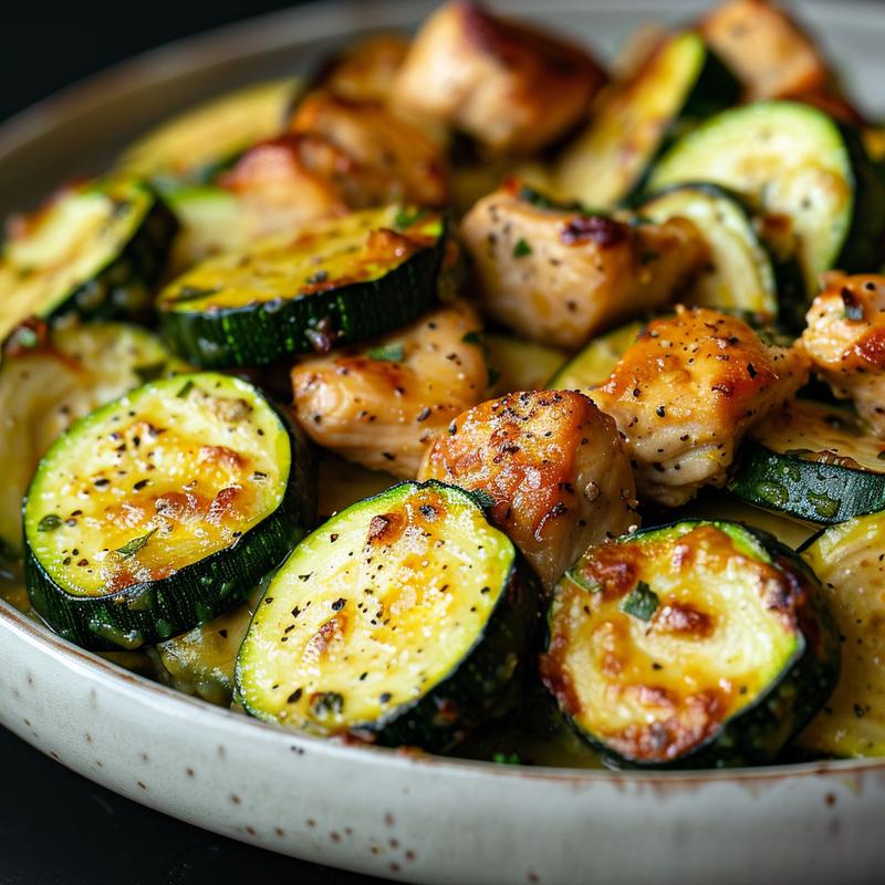 Close-up of a delicious chicken zucchini bake on a wooden board.