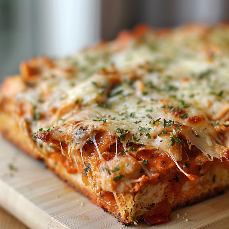Close-up of a portion of chicken parmesan casserole on a wooden board, showcasing a golden, cheesy topping.