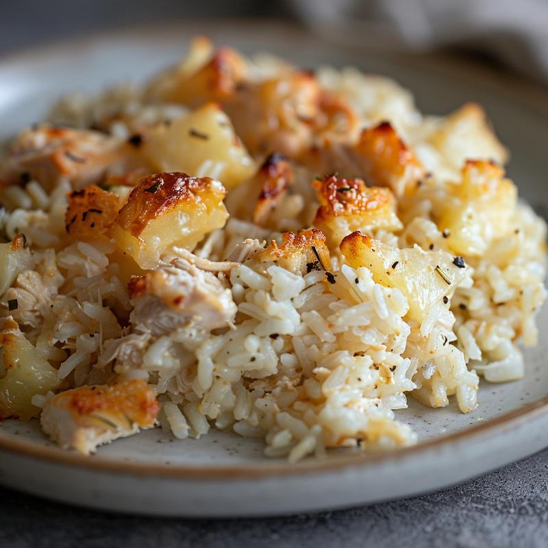 Close-up of a portion of chicken casserole presented on a light grey ceramic plate.