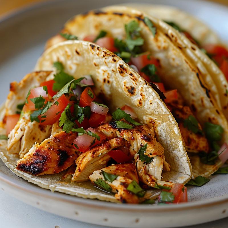 Close-up of a chicken bake on a light wood board with soft shadows.