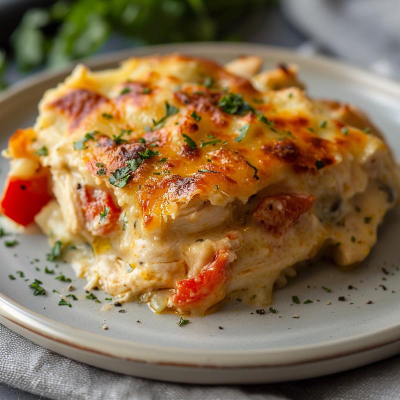 A close-up of a creamy chicken and rice casserole on a light grey plate.