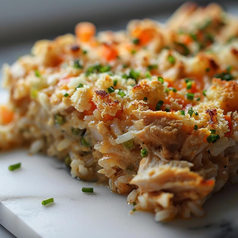 Close-up of a steaming bowl of chicken noodle soup casserole on a white marble surface.