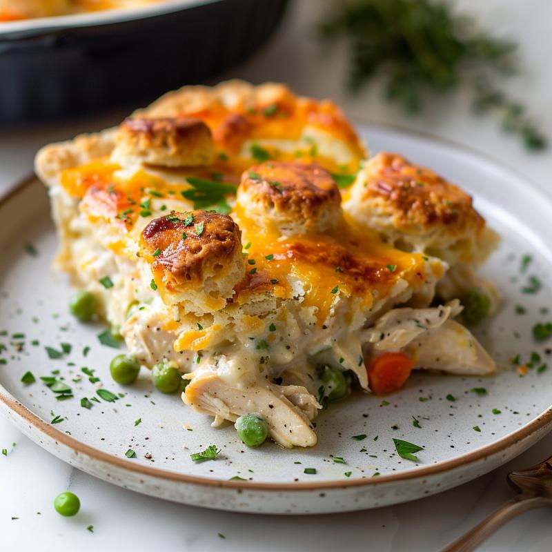 A close-up slice of chicken pot pie on a white marble plate, showcasing flaky crust and filling.