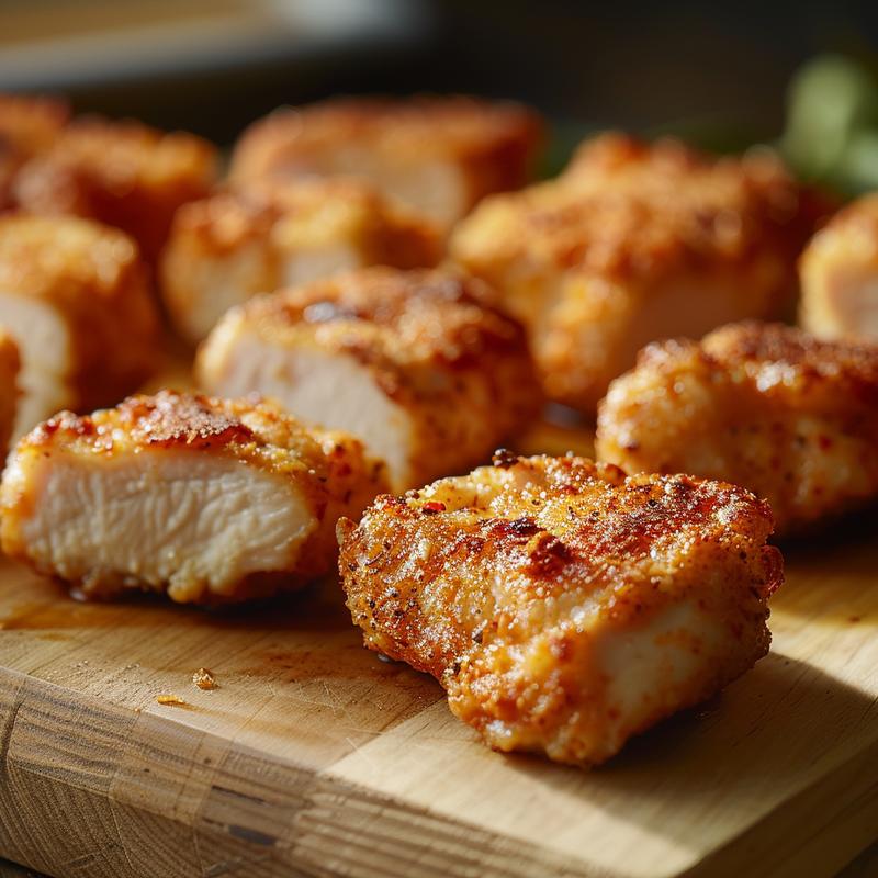 Close-up of a creamy chicken broccoli casserole on a wooden board, showcasing its texture.
