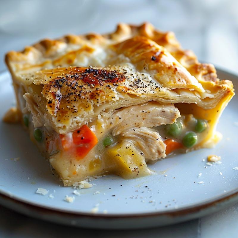 Close-up of a slice of chicken pot pie casserole topped with golden cheddar drop biscuits on a marble plate.