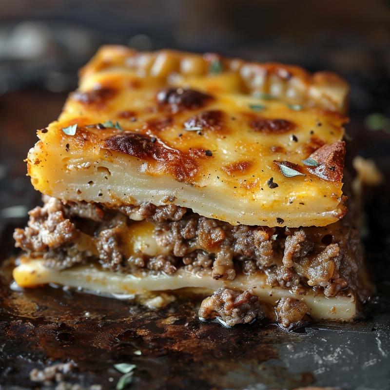 Close-up of a delicious serving of ground beef recipe on a dark countertop.