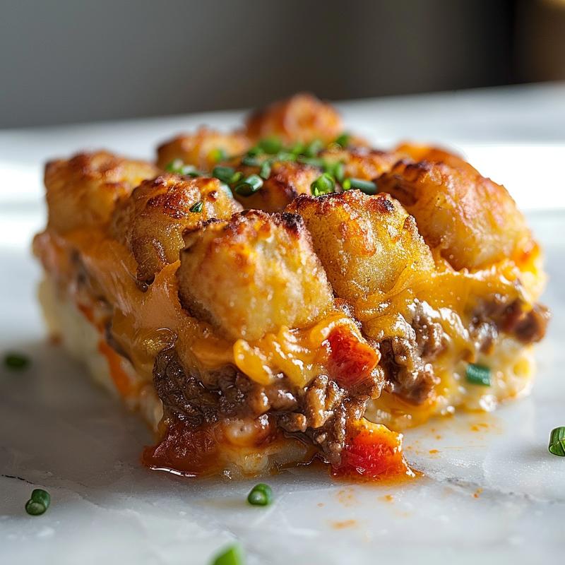 Close-up of gluten-free skillet tater tot casserole with a golden-brown top on a wood board.