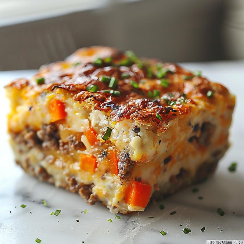 A close-up shot of a vibrant gluten-free casserole portion, showcasing layers of fresh ingredients on a white marble surface.