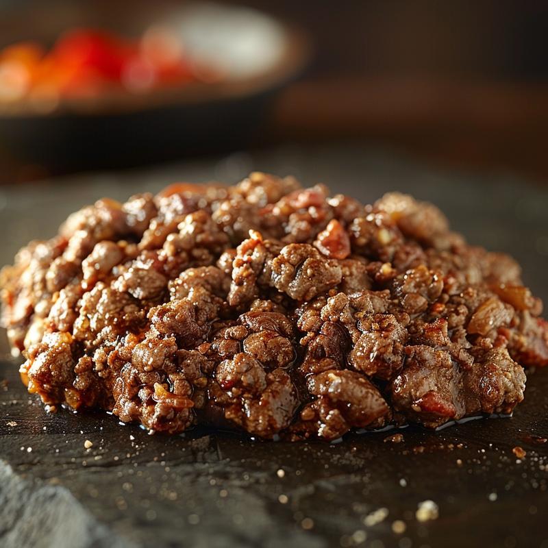 Close-up of a baked eggplant and beef casserole, showcasing rich textures and colors on a dark stone surface.