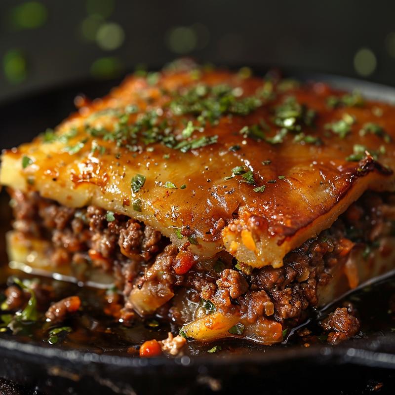 Close-up of a delicious gluten-free ground beef casserole served in a rustic cast iron dish.
