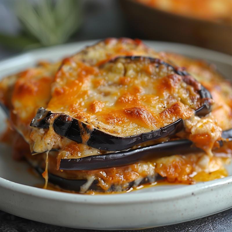 Close-up of a slice of eggplant parmesan casserole on a light grey plate, showcasing its layers and texture.