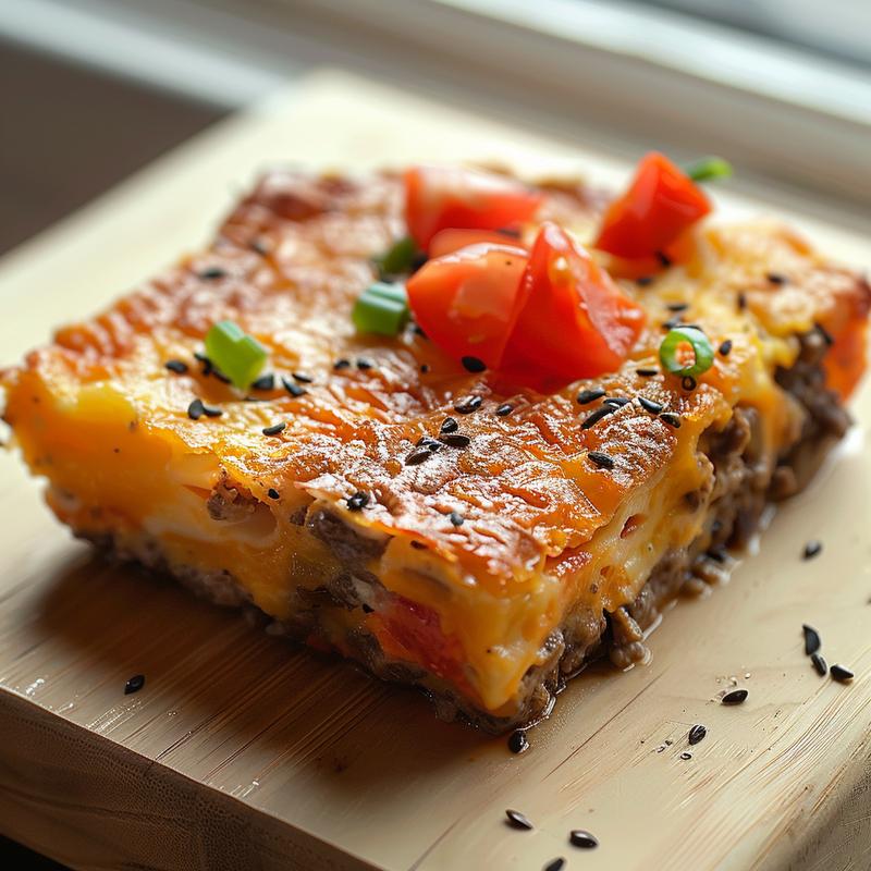 A close-up shot of a portion of baked eggplant casserole atop a light wood board.