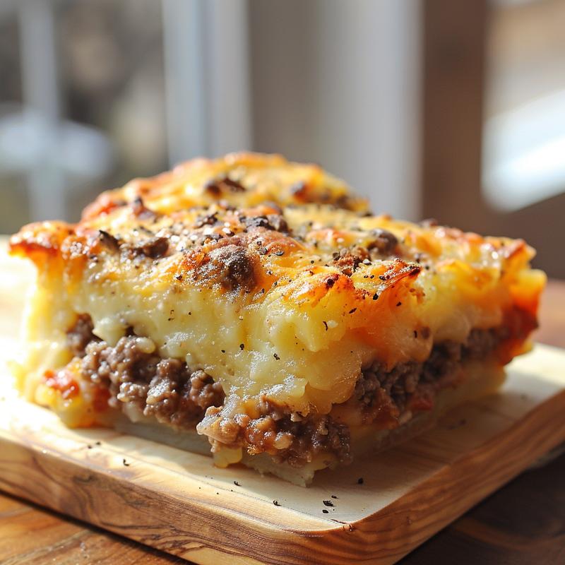 Close-up of a portion of eggplant casserole topped with Ritz crackers on a light wooden board.