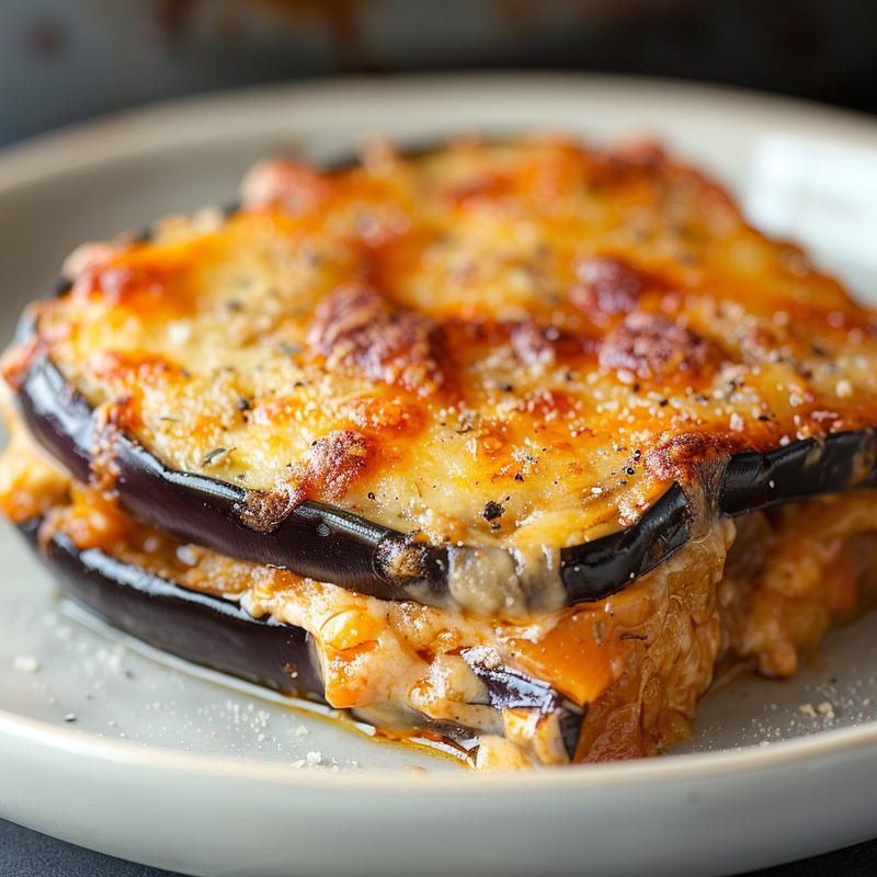 Close-up of a portion of eggplant casserole on a light grey plate, showcasing texture and color.