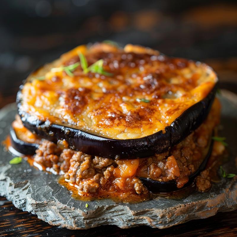 Close-up view of a keto eggplant and ground beef casserole served on a rustic slate plate, highlighting its rich texture.