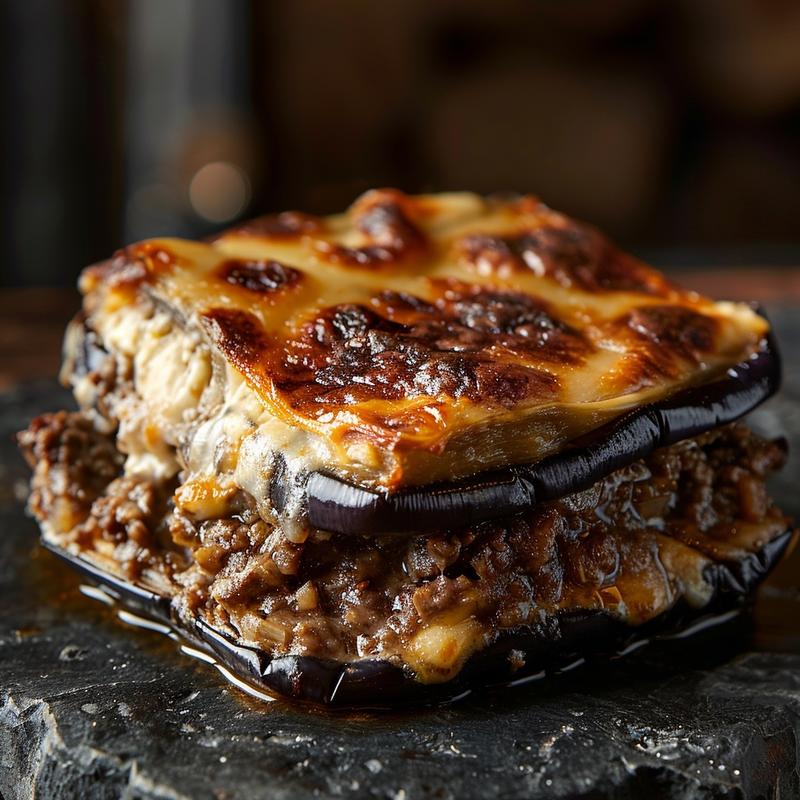 Close-up of a baked eggplant and beef casserole on a dark stone countertop.