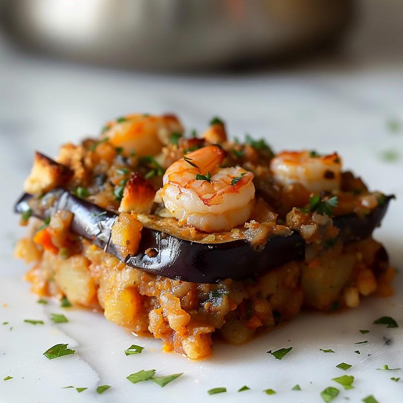 Close-up view of a slice of eggplant parmesan casserole on a marble surface.