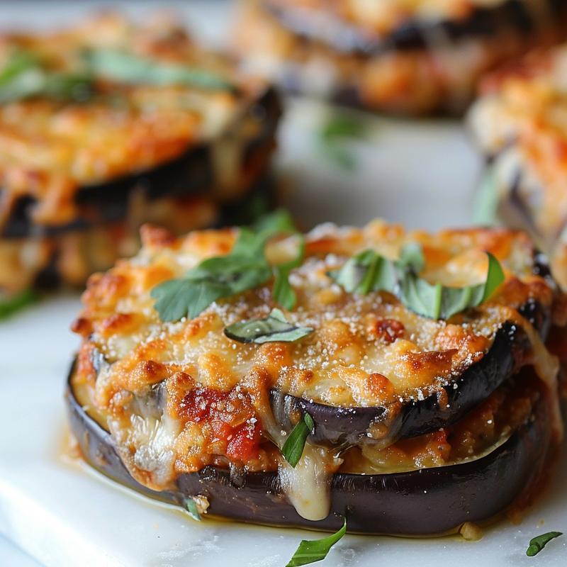 Close-up of a beautifully presented eggplant and shrimp casserole on a white marble surface.