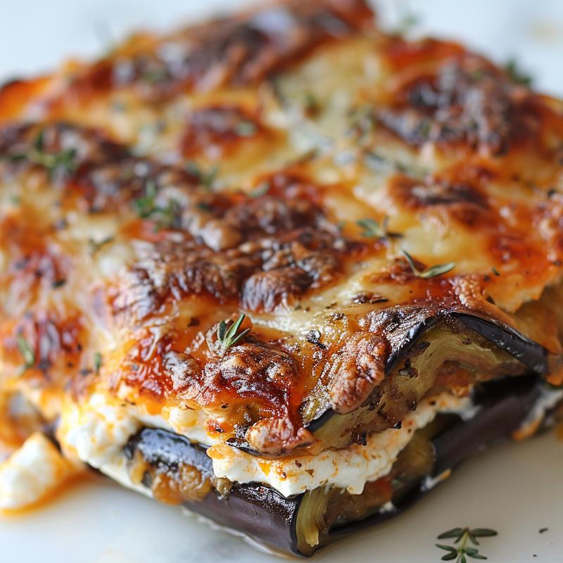 A close-up of a portion of ricotta eggplant casserole on a white marble surface, showcasing its creamy texture and golden top.