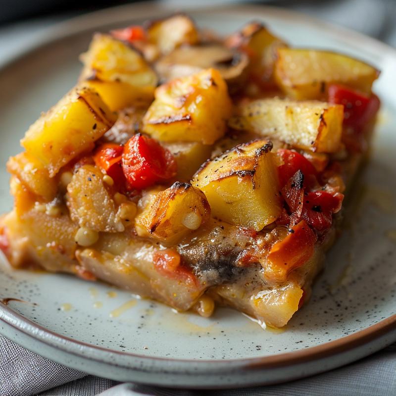 Close-up of a vibrant vegan and paleo casserole served on a light grey ceramic plate.