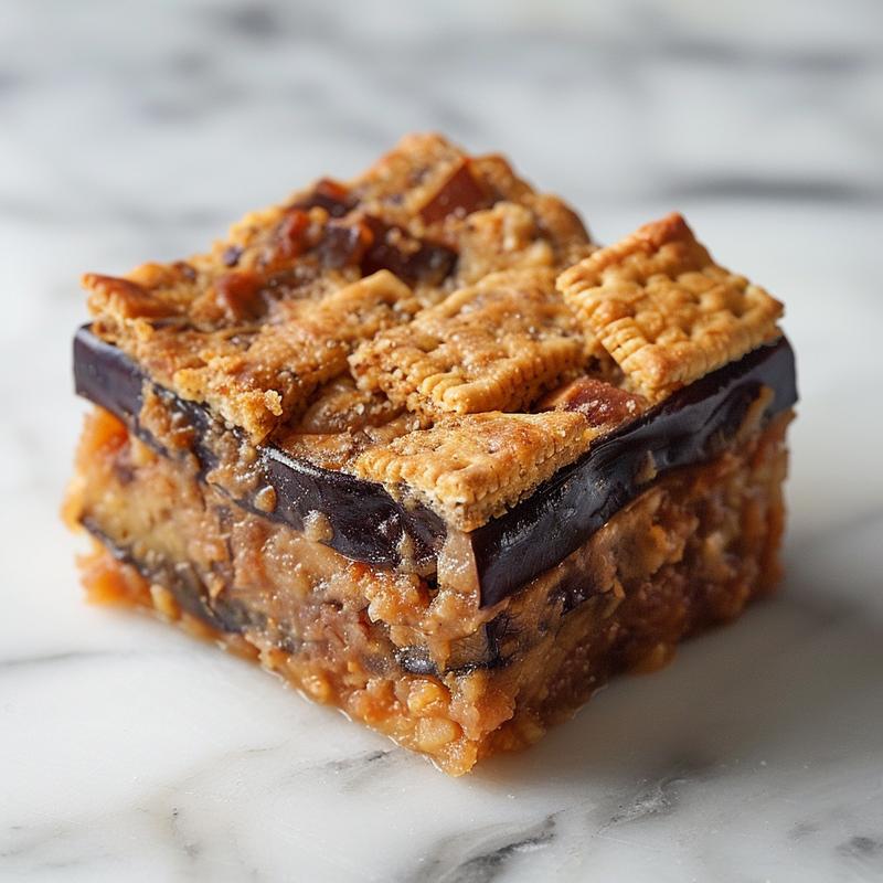 Close-up of a creamy eggplant casserole topped with crushed Ritz crackers on a white marble surface.