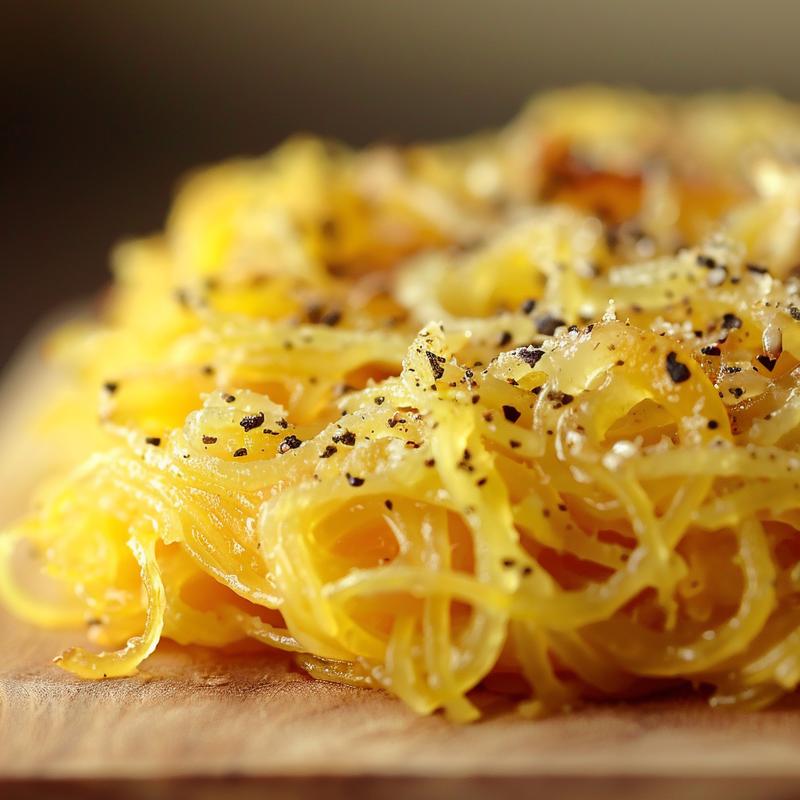 A close-up view of a delicious serving of spaghetti squash pasta on a wooden board, highlighting its texture and colors.