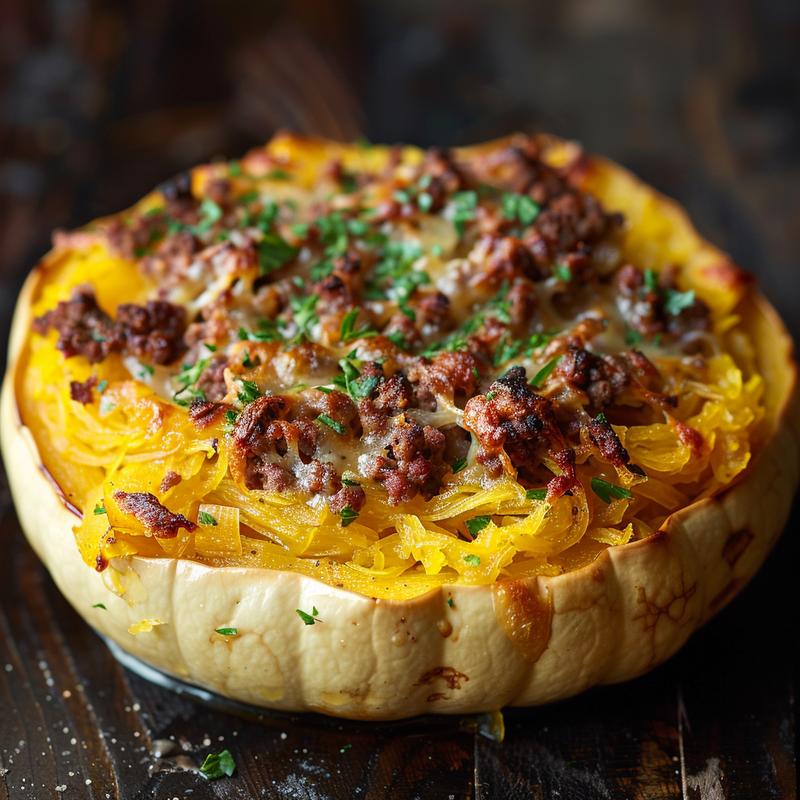 Close-up of a serving of spaghetti squash casserole topped with ground beef, showcasing rich textures and colors.
