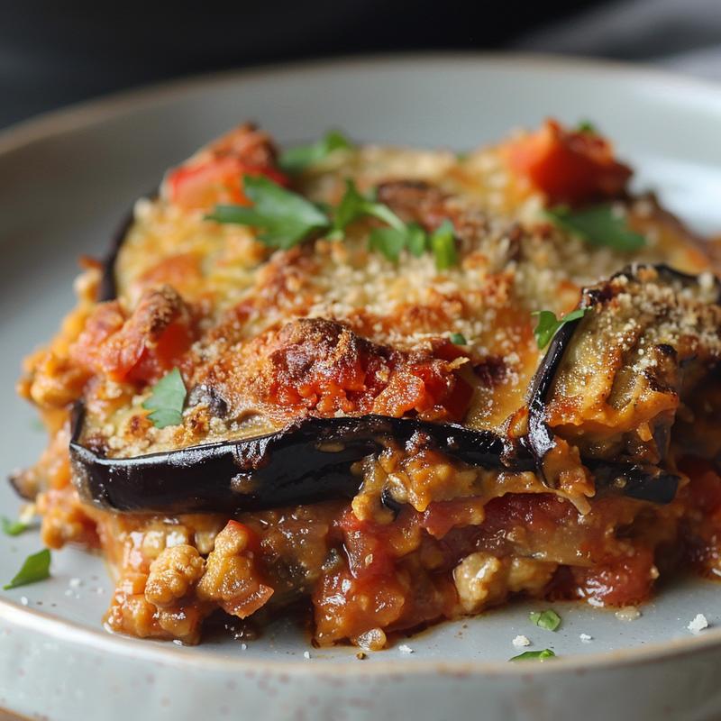 Close-up of a portion of eggplant casserole on a grey ceramic plate, showcasing its texture and layers.