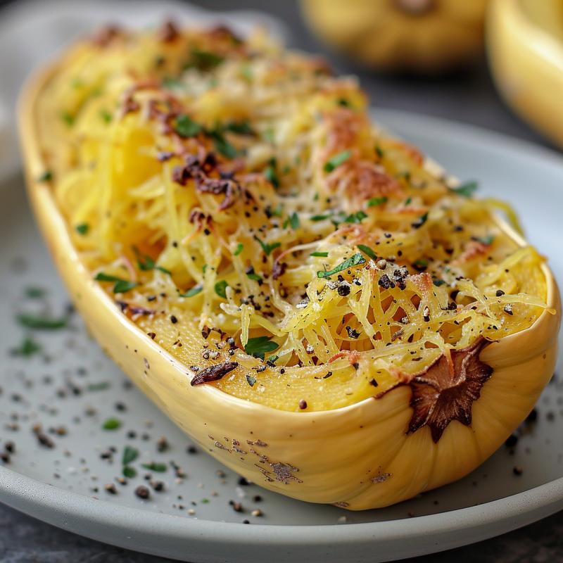 Close-up of baked spaghetti squash on a light grey plate with natural light highlighting its texture.