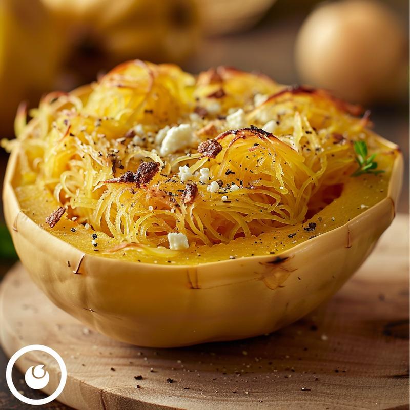 Close-up of a delicious baked feta spaghetti squash served on a wooden board.