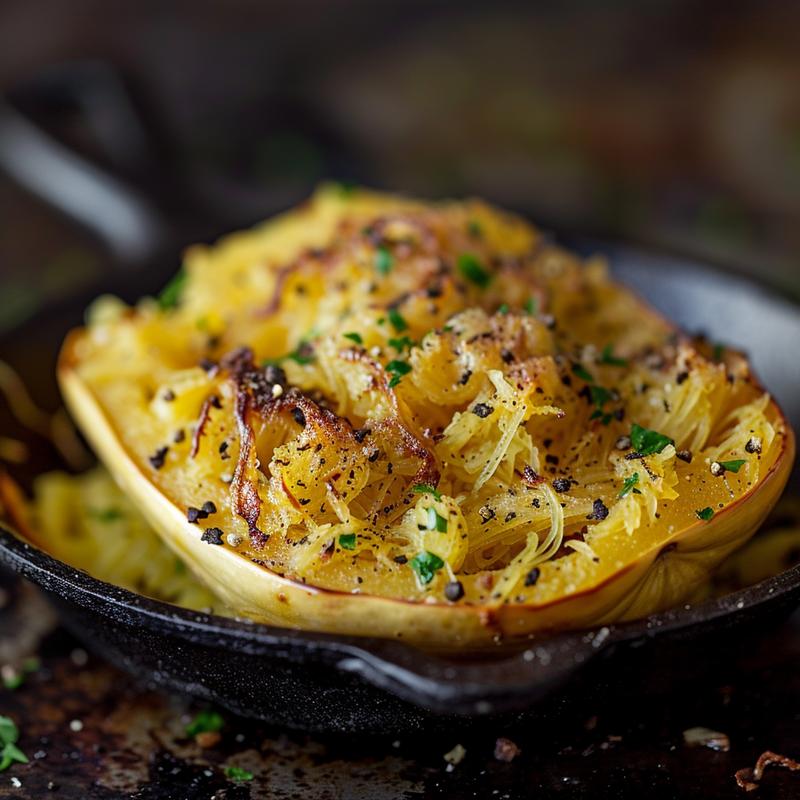 Close-up of roasted spaghetti squash served on a rustic cast iron surface.