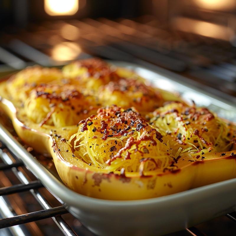 Close-up of baked spaghetti squash in a light grey ceramic plate on a wooden surface.