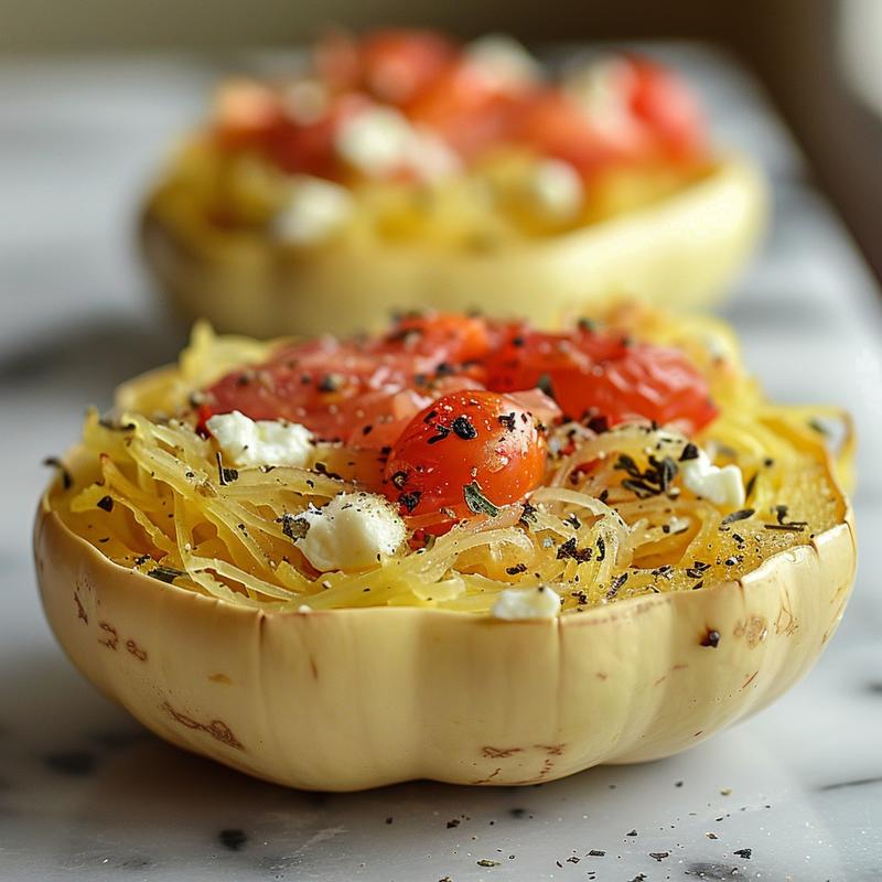 Close-up of baked feta and tomato spaghetti squash on a white marble surface, showcasing vibrant colors and textures.
