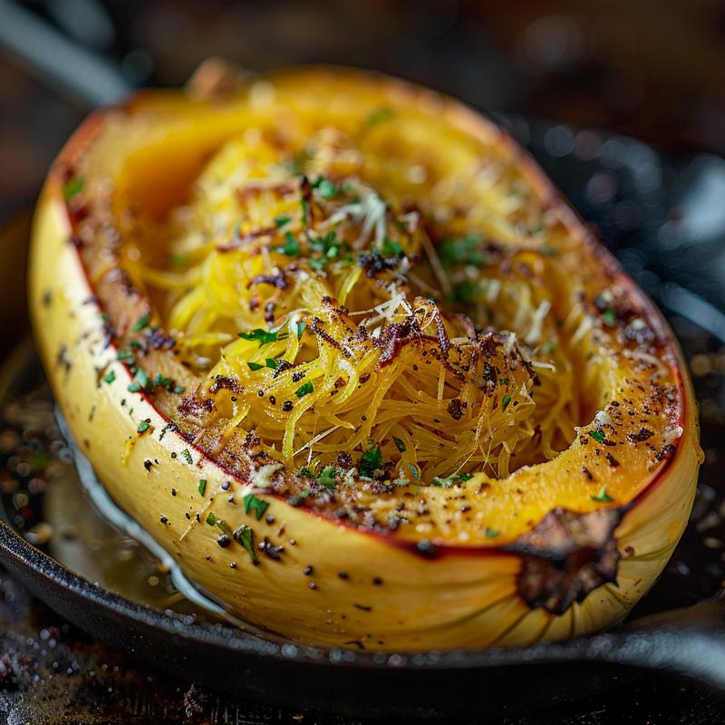 Close-up of a whole roast spaghetti squash on a cast iron surface, showcasing its golden-brown exterior.