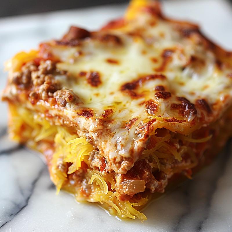 Close-up of a portion of spaghetti squash lasagna casserole on a white marble surface, showcasing its rich layers and textures.