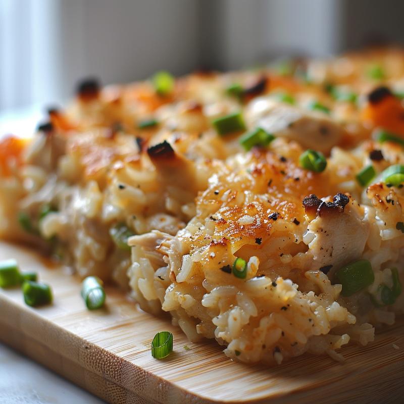 Close-up of a serving of chicken and rice casserole on a wooden board, showcasing its creamy texture.