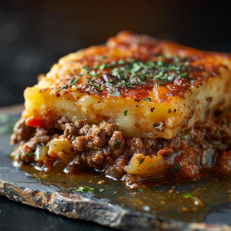 Close-up of hobo casserole with ground beef on a rustic chipped slate plate, showcasing rich textures.