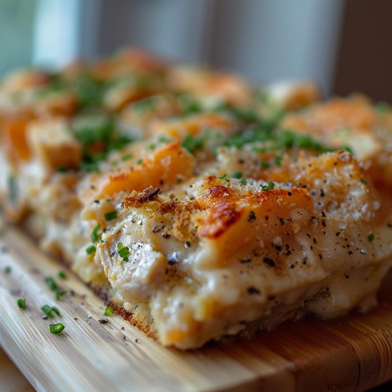 Close-up of a golden, cheesy chicken casserole on a light wood board.