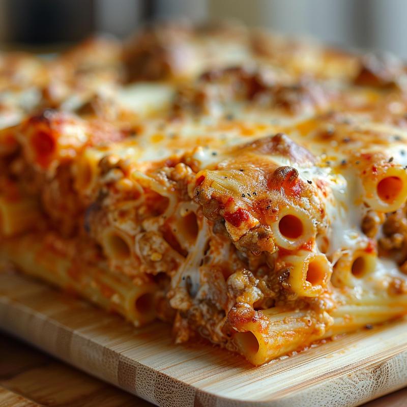 Close-up of a cheesy baked ziti portion on a wooden board.