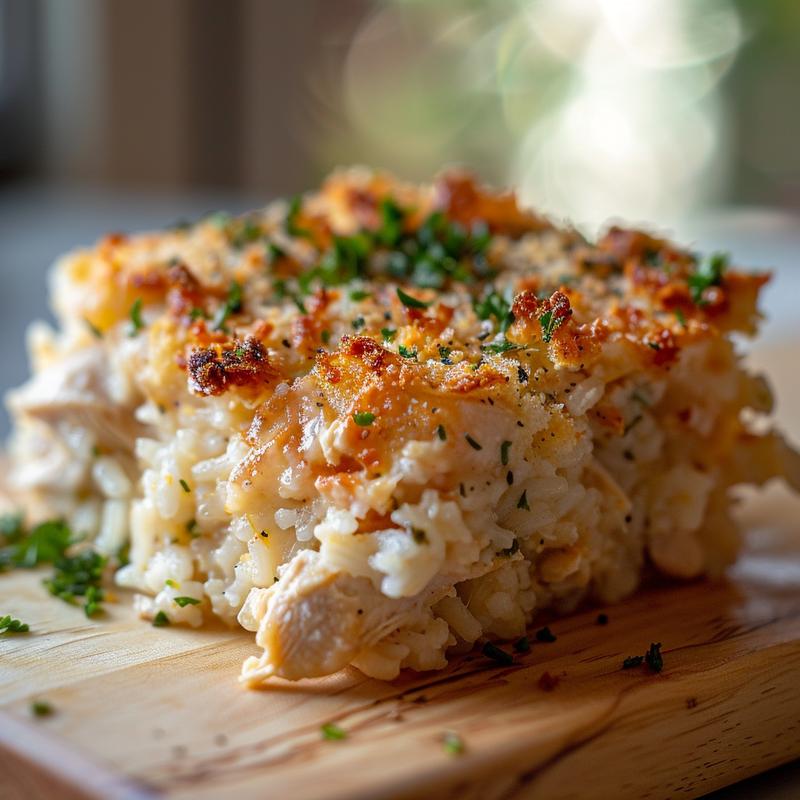 Close-up of creamy Ritz chicken and rice casserole served on a natural wood board.