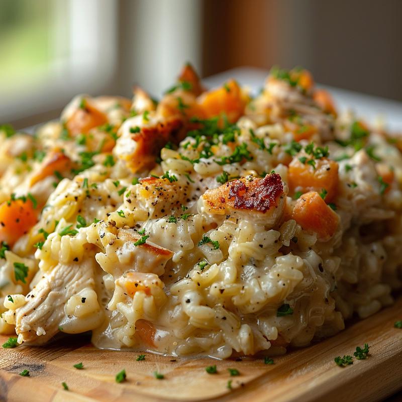 Close-up of a creamy chicken and rice casserole served on a light wood board.