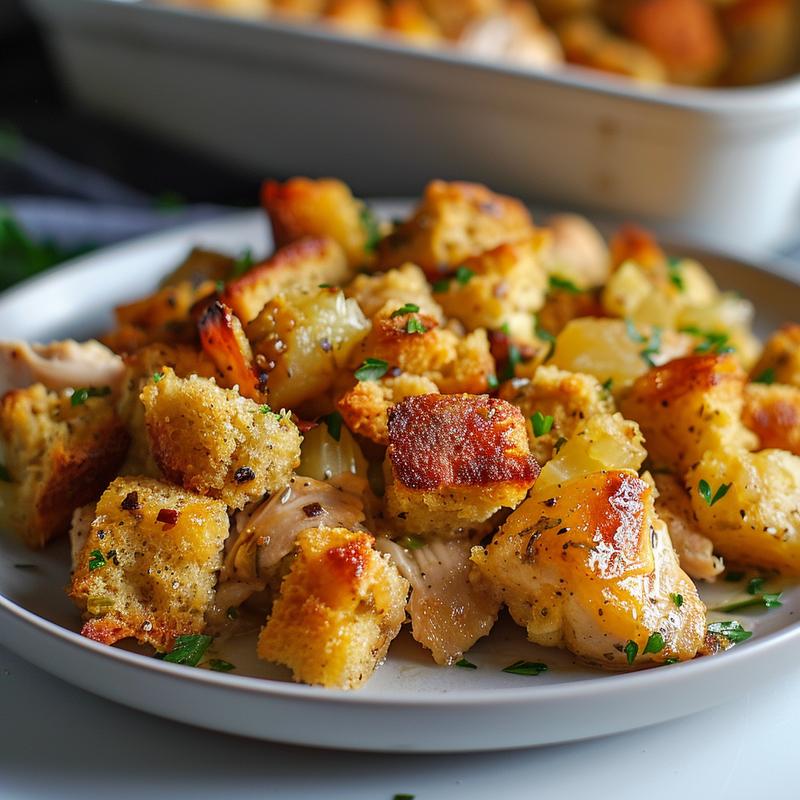 Close-up of a delicious portion of chicken and stuffing casserole on a light grey ceramic plate.