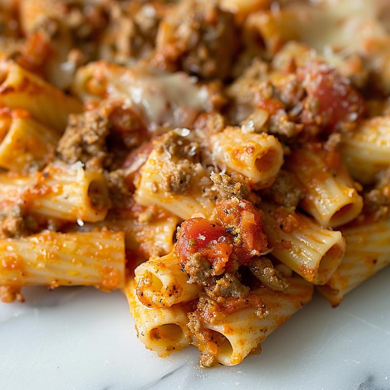 Close-up of a delicious portion of vegetarian baked ziti on a white marble surface.