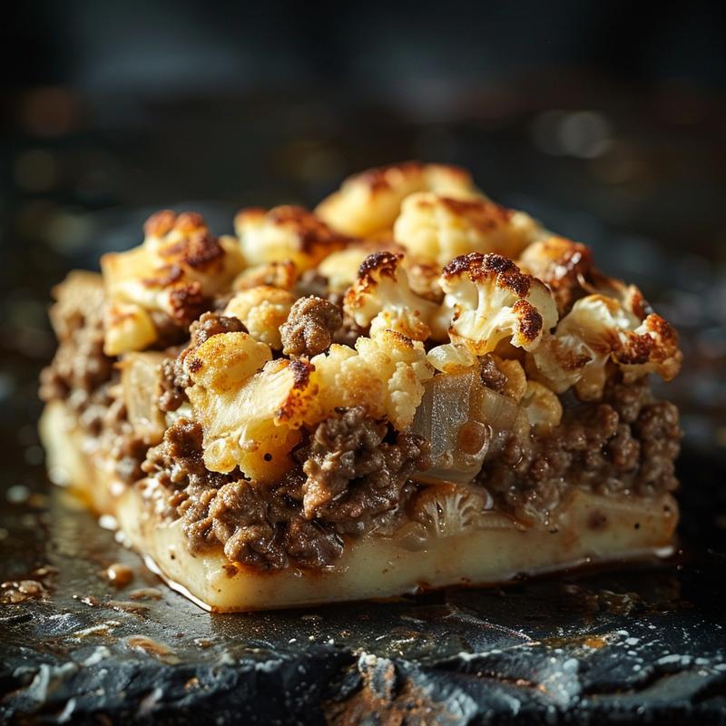 Close-up of a low carb ground beef casserole topped with cauliflower, showcasing rich textures on a dark stone countertop.