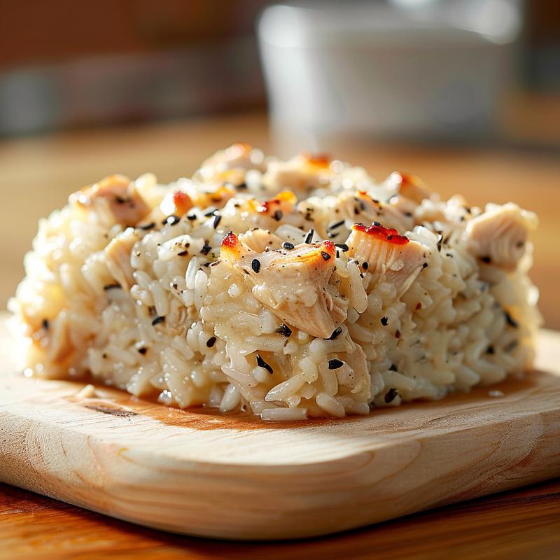 Close-up of a portion of chicken rice bake on a light wooden board.