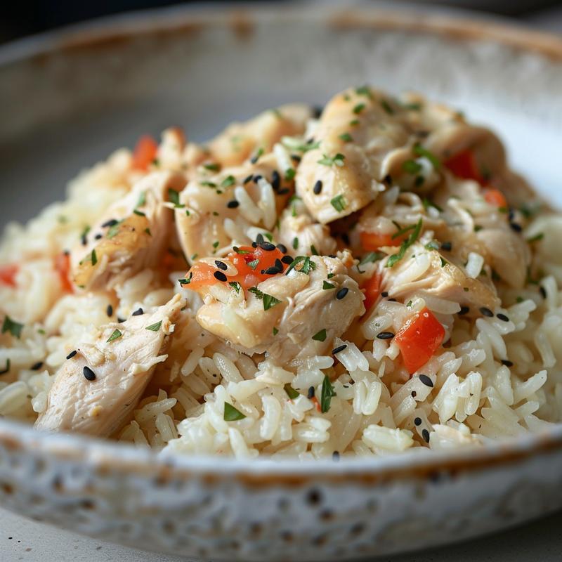 Close-up of a delicious portion of chicken and rice on a grey plate.