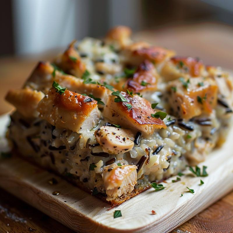 Close-up of a creamy chicken and wild rice casserole served in a minimalist style on a light wooden board.