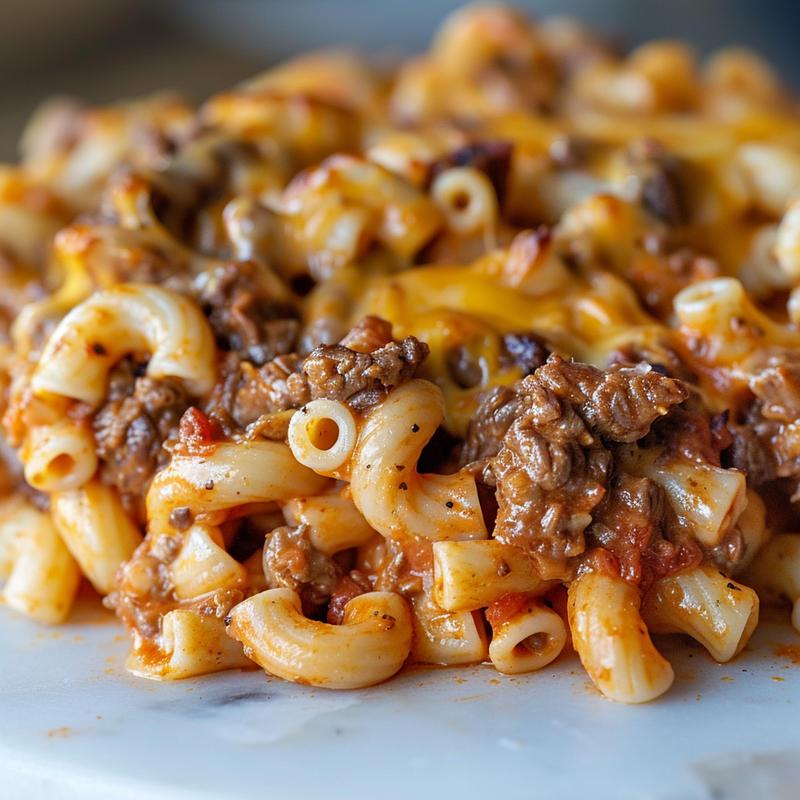 Close-up of a cheesy beef macaroni casserole on a white marble surface.