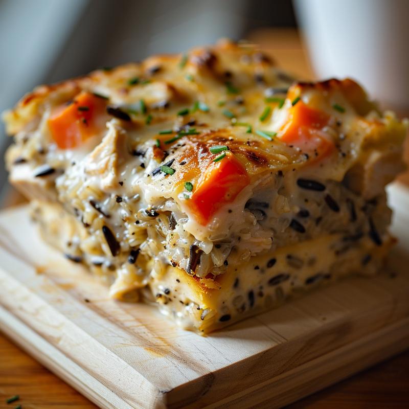 Close-up view of a creamy chicken wild rice casserole on a wooden board, highlighting its texture.